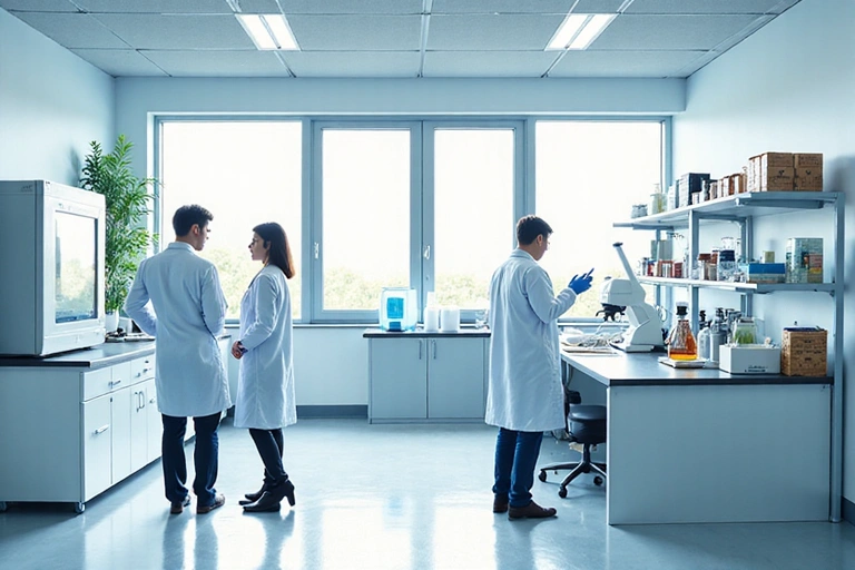 Obraz przedstawiający proces rozwoju produktu w Glucomenzpro, z naukowcami pracującymi w laboratorium, analizującymi próbki i dyskutującymi nad wynikami badań.